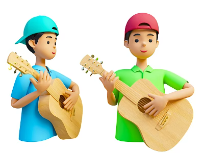 Two Young Men Wearing Colored Hats Holding Acoustic Guitars And Shirts 3d model