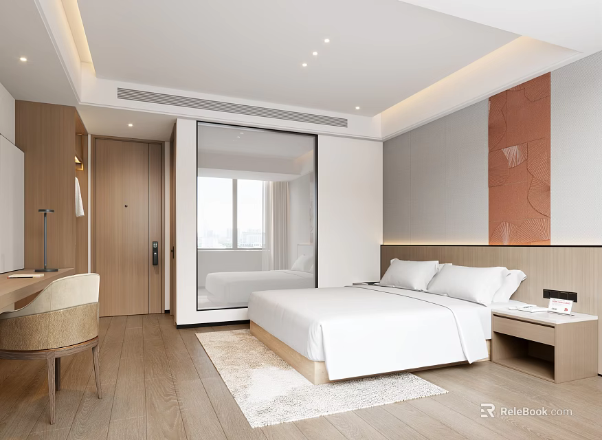 Modern Hotel Guest Room Interior With Comfortable Bed Wooden Floor And Window View 3d model 