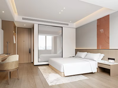 Modern Hotel Guest Room Interior With Comfortable Bed Wooden Floor And Window View 3d model