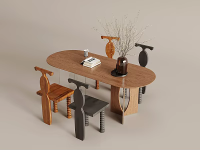 Modern Wooden Oval Dining Table Set With Unique Design Chairs And Decorative Vase 3d model