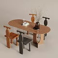 Modern Wooden Oval Dining Table Set With Unique Design Chairs And Decorative Vase 3d model