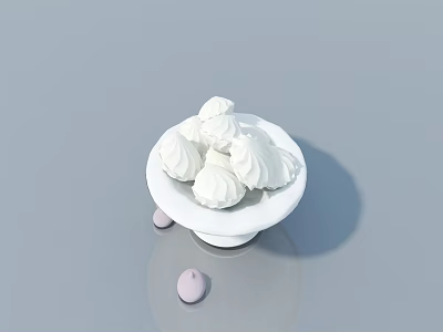 White Meringue Desserts Served On White Plate Over Gray Tabletop With Pink Details 3d model