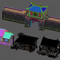 Cartoon Scene Of Traditional Chinese City Gate Tower And Houses With Details