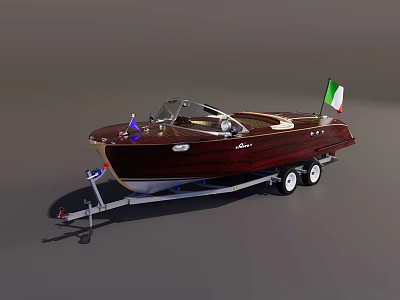 Classic Burgundy Yacht On Trailer With Open Top Design And Italian Flag 3d model