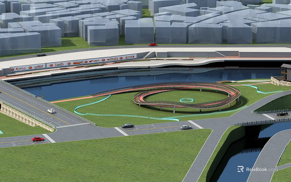 Scenic Urban Park Landscape With Circular Walkway Green Lawn River And Roads 3d model 