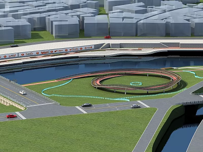 Scenic Urban Park Landscape With Circular Walkway Green Lawn River And Roads 3d model