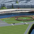 Scenic Urban Park Landscape With Circular Walkway Green Lawn River And Roads