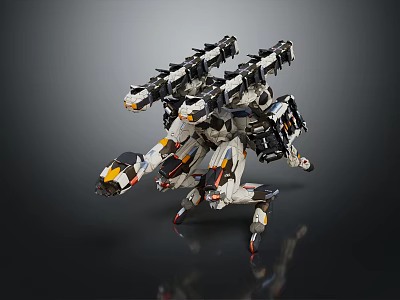 Futuristic Mechanical Creature With Multi legged Structure White Black Yellow Accents And Weaponized Appendages 3d model