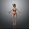Woman In Red Bikini With Colorful Bracelets Green Feather Headpiece And Sandals