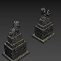 Ancient Traditional Stone Lion Statues With Intricate Carved Details On Pedestals