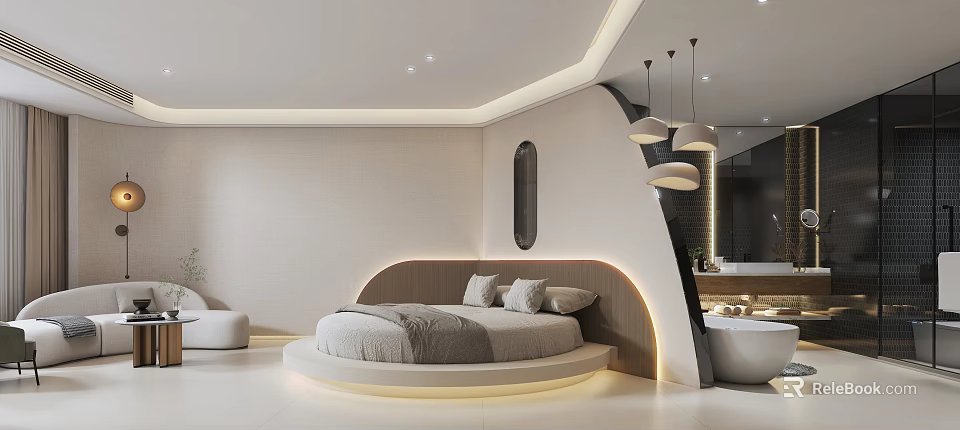 Modern Hotel Room Interior With Round Bed Soft Lighting And Minimalist Design 3d model 