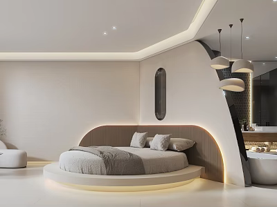 Modern Hotel Room Interior With Round Bed Soft Lighting And Minimalist Design 3d model