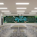 School Classroom Interior With Decorated Blackboard Rows Of Desks And Bright Lighting