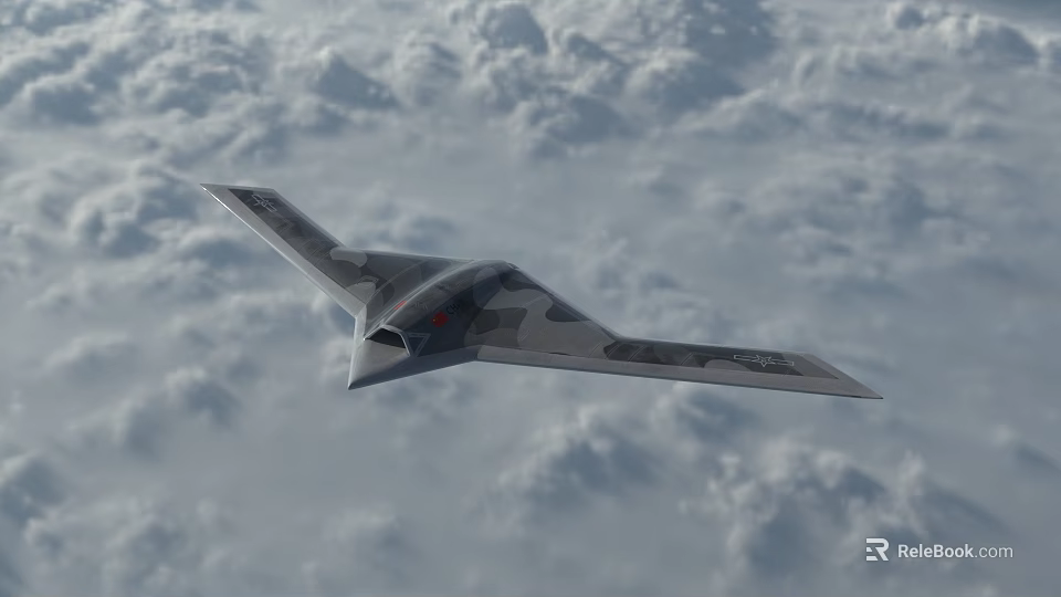Camouflage Stealth Fighter Jet Flying Through Cloudy Sky With Flying Wing Design 3d model 