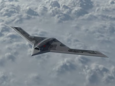 Camouflage Stealth Fighter Jet Flying Through Cloudy Sky With Flying Wing Design 3d model