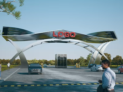 Modern Entrance Gate with Sleek Arch Structure Red Logo Trees and Cars Around 3d model