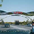 Modern Entrance Gate with Sleek Arch Structure Red Logo Trees and Cars Around