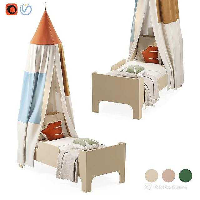 Kids Bed with Canopy Tent Design Wooden Frame Colorful Pillows and Color Options 3d model 