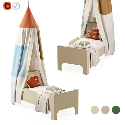 Kids Bed with Canopy Tent Design Wooden Frame Colorful Pillows and Color Options 3d model