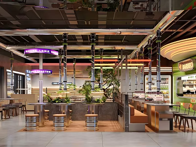 Modern Hot Pot Restaurant Interior With Open Layout Green Plants And Bar Seats 3d model