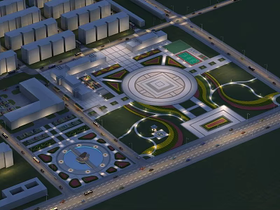 Illuminated Night View Of Urban Plaza With Circular Design Greenery And Lighting 3d model