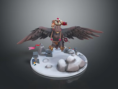 Fantasy Armored Character Riding Giant Eagle On Snowy Base With Rocks And Red Flag 3d model