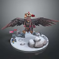 Fantasy Armored Character Riding Giant Eagle On Snowy Base With Rocks And Red Flag