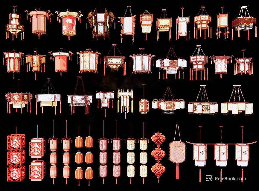 Traditional Chinese Lanterns In Various Styles With Red Pink White Colors And Hanging 3d model 