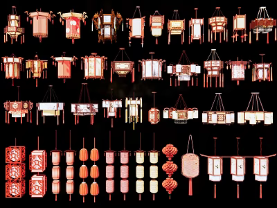 Traditional Chinese Lanterns In Various Styles With Red Pink White Colors And Hanging 3d model