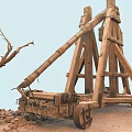 Ancient Wooden Catapult War Weapon With Wheels And Stone Projectiles For Medieval Battles