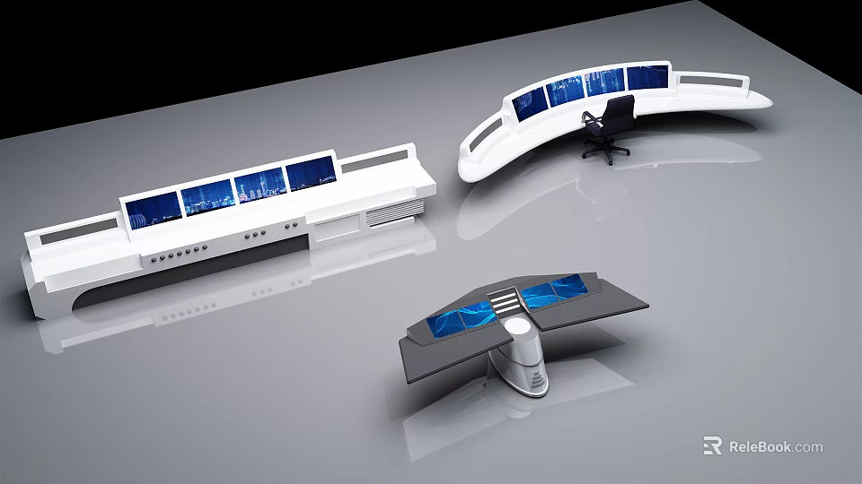 Modern Control Console Workstation With Multiple Blue Monitor Screens And Ergonomic Chair 3d model 