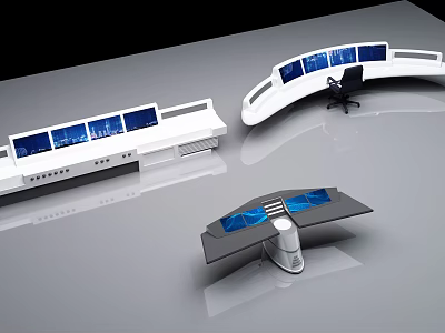 Modern Control Console Workstation With Multiple Blue Monitor Screens And Ergonomic Chair 3d model
