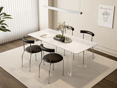 Modern White Dining Table Set With Black Chairs Metal Legs And Plant Decor 3d model
