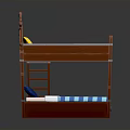 Wooden Bunk Bed With Ship Wheel Decor And Colorful Upper Lower Mattresses