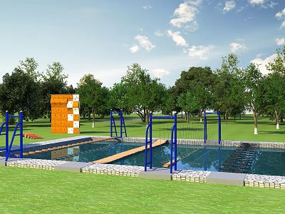 Fun Outdoor Playground With Blue Climbing Frames Orange Wall And Water Pool On Green Lawn 3d model