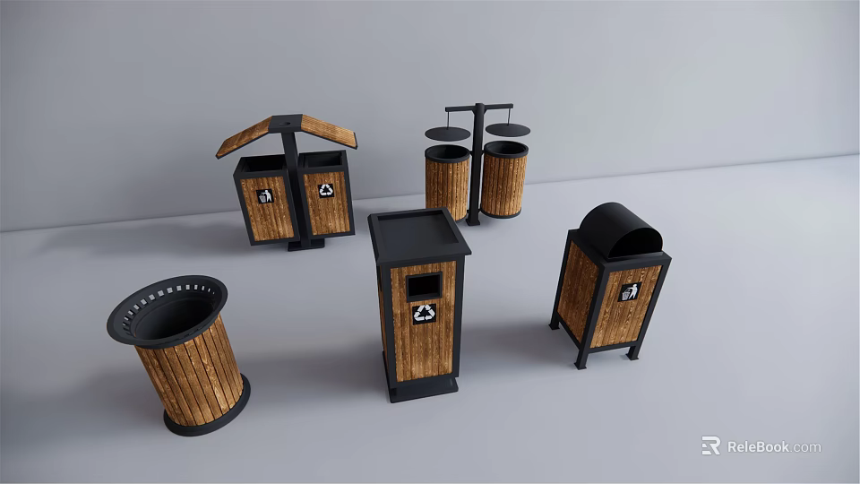 Public Trash Bins With Various Wooden Design Styles And Lidded Compartments For Outdoor Areas 3d model 