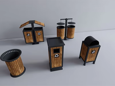 Public Trash Bins With Various Wooden Design Styles And Lidded Compartments For Outdoor Areas 3d model