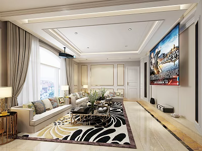 Luxurious Home Theater Room Interior With Large TV Screen Comfortable Sofa And Decorative Rug 3d model