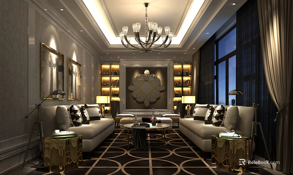 Elegant Hotel Public Lounge Interior With Crystal Chandelier Comfortable Sofas And Patterned Carpet 3d model 