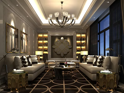 Elegant Hotel Public Lounge Interior With Crystal Chandelier Comfortable Sofas And Patterned Carpet 3d model