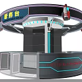 Modern Tech Circular Information Desk With Blue Red Lighting Mesh Structure And Signage 3d model
