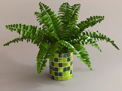Lush Green Ferns in Colorful Mosaic Tiled Vase for Indoor Decor 3d model