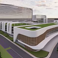 Modern Office Building Complex Featuring Glass Facades Green Landscaping And Open Plaza