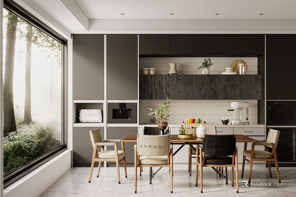 Modern Restaurant Open Kitchen Interior With Dining Table Chairs And Cabinets 3d model 