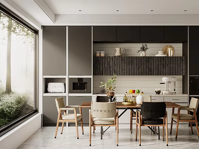 Modern Restaurant Open Kitchen Interior With Dining Table Chairs And Cabinets 3d model
