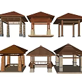 Various Outdoor Pavilion Designs With Wooden Structures Stone Pillars And Colored Rooftops 3d model