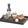 Fresh Walnuts And Olive Branch With Teapot Bottle And Drink On Wooden Tray