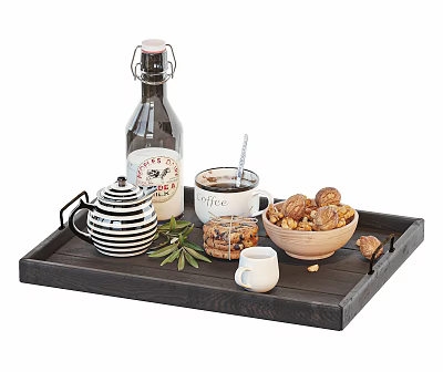 Fresh Walnuts And Olive Branch With Teapot Bottle And Drink On Wooden Tray 3d model