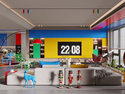 Colorful Dining Living Room Interior With Vibrant Walls Sofa And Decorative Figurines 3d model