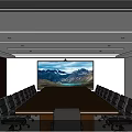 Modern Meeting Room With Long Conference Table Black Chairs Large Screen And Mountain Landscape